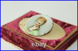 Antique Victorian Hand Painted Lady Portrait Round Porcelain Pin Bu14