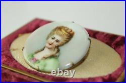 Antique Victorian Hand Painted Lady Portrait Round Porcelain Pin Bu14