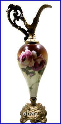 Antique Victorian Hand Painted Mantle Ewers Vase Roses