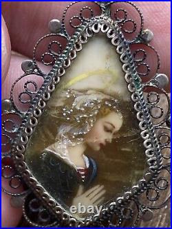 Antique Victorian Hand Painted Micro Portrait Necklace Religious 800 Silver