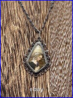 Antique Victorian Hand Painted Micro Portrait Necklace Religious 800 Silver