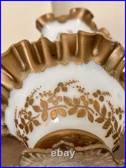 Antique Victorian Hand Painted Milk Glass & Brass 2 Tier Epergne 12.5 high