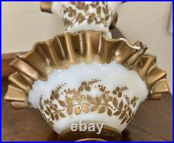 Antique Victorian Hand Painted Milk Glass & Brass 2 Tier Epergne 12.5 high