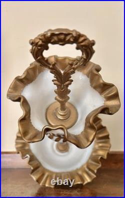 Antique Victorian Hand Painted Milk Glass & Brass 2 Tier Epergne 12.5 high