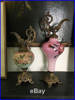 Antique Victorian Hand Painted Milk Glass & Metal Mantle Ewers 2 Ewer Pitcher