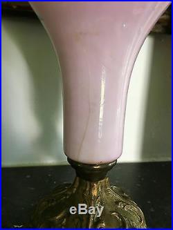 Antique Victorian Hand Painted Milk Glass & Metal Mantle Ewers 2 Ewer Pitcher
