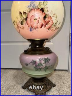 Antique Victorian Hand Painted Milk Glass Oil Lamp Pink Green Floral Converted Antique Victorian Hand Painted Milk Glass Oil Lamp Pink Green Floral Converted