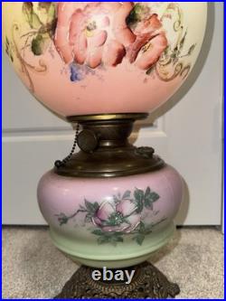 Antique Victorian Hand Painted Milk Glass Oil Lamp Pink Green Floral Converted