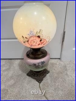 Antique Victorian Hand Painted Milk Glass Oil Lamp Pink Green Floral Converted