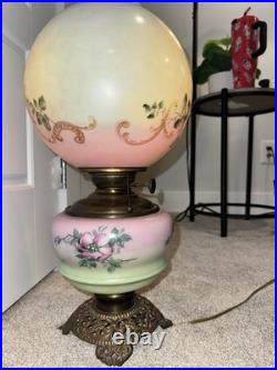 Antique Victorian Hand Painted Milk Glass Oil Lamp Pink Green Floral Converted