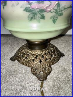 Antique Victorian Hand Painted Milk Glass Oil Lamp Pink Green Floral Converted Antique Victorian Hand Painted Milk Glass Oil Lamp Pink Green Floral Converted