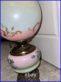 Antique Victorian Hand Painted Milk Glass Oil Lamp Pink Green Floral Converted