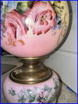 Antique Victorian Hand Painted Milk Glass Oil Lamp Pink Green Floral Converted Antique Victorian Hand Painted Milk Glass Oil Lamp Pink Green Floral Converted