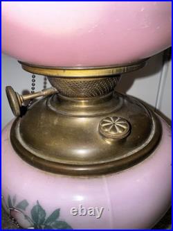 Antique Victorian Hand Painted Milk Glass Oil Lamp Pink Green Floral Converted Antique Victorian Hand Painted Milk Glass Oil Lamp Pink Green Floral Converted