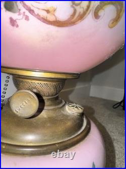 Antique Victorian Hand Painted Milk Glass Oil Lamp Pink Green Floral Converted
