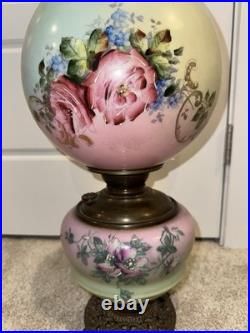 Antique Victorian Hand Painted Milk Glass Oil Lamp Pink Green Floral Converted Antique Victorian Hand Painted Milk Glass Oil Lamp Pink Green Floral Converted