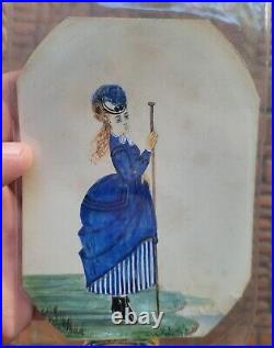 Antique Victorian Hand Painted Miniature Painting Of Lovely Lady In Fancy