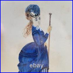 Antique Victorian Hand Painted Miniature Painting Of Lovely Lady In Fancy