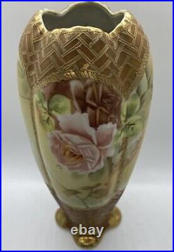 Antique Victorian Hand Painted Nippon Vase Roses Raised Gold Basket
