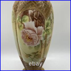Antique Victorian Hand Painted Nippon Vase Roses Raised Gold Basket