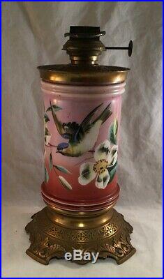 Antique Victorian Hand Painted Opaque Glass Cylinder And Brass Stand Oil Lamp