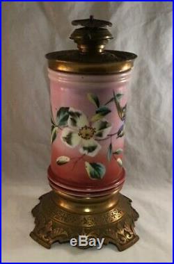 Antique Victorian Hand Painted Opaque Glass Cylinder And Brass Stand Oil Lamp