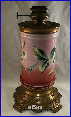 Antique Victorian Hand Painted Opaque Glass Cylinder And Brass Stand Oil Lamp