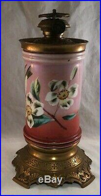 Antique Victorian Hand Painted Opaque Glass Cylinder And Brass Stand Oil Lamp
