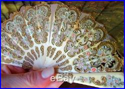 Antique Victorian Hand Painted Open Carved Bovine Bone Sticks Hand Fan