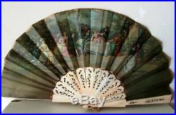 Antique Victorian Hand Painted Open Carved Bovine Bone Sticks Hand Fan