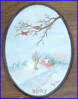 Antique Victorian Hand Painted Oval Porcelain May Hood Original Art, 7 x 9 5/8