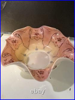 Antique Victorian Hand Painted Peach Opalescent Ruffled Ruffled Bride Bowl