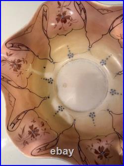 Antique Victorian Hand Painted Peach Opalescent Ruffled Ruffled Bride Bowl