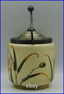 Antique Victorian Hand Painted Porcelain Biscuit Jar Robert & Belks Metal Mount