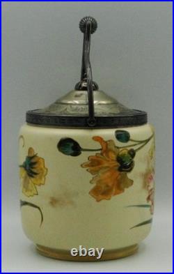 Antique Victorian Hand Painted Porcelain Biscuit Jar Robert & Belks Metal Mount