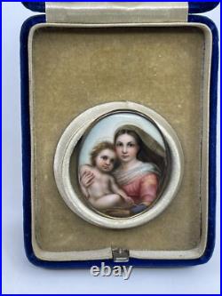 Antique Victorian Hand Painted Porcelain Brooch Sistine Madonna & Child RARE