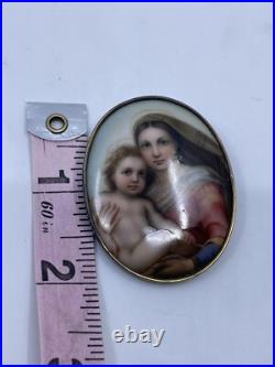 Antique Victorian Hand Painted Porcelain Brooch Sistine Madonna & Child RARE