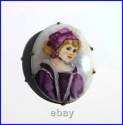 Antique Victorian Hand Painted Porcelain Brooch, Woman in Purple Mauveine Dress