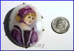 Antique Victorian Hand Painted Porcelain Brooch, Woman in Purple Mauveine Dress