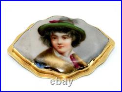 Antique Victorian Hand Painted Porcelain Brooch in 14k Solid Yellow Gold