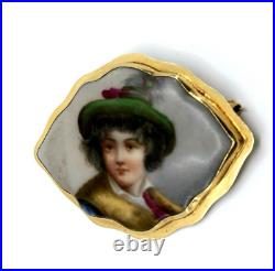 Antique Victorian Hand Painted Porcelain Brooch in 14k Solid Yellow Gold