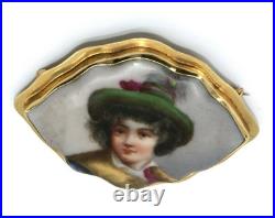 Antique Victorian Hand Painted Porcelain Brooch in 14k Solid Yellow Gold