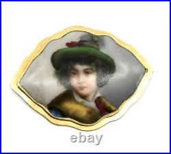 Antique Victorian Hand Painted Porcelain Brooch in 14k Solid Yellow Gold