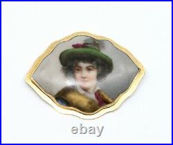 Antique Victorian Hand Painted Porcelain Brooch in 14k Solid Yellow Gold