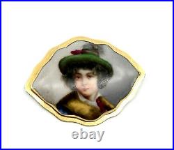 Antique Victorian Hand Painted Porcelain Brooch in 14k Solid Yellow Gold