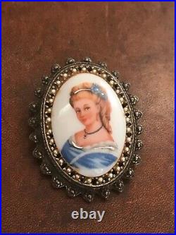 Antique Victorian Hand Painted Porcelain Brooch of Beautiful Woman