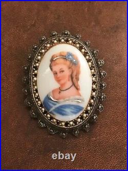 Antique Victorian Hand Painted Porcelain Brooch of Beautiful Woman