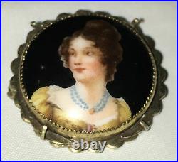 Antique Victorian Hand Painted Porcelain Cameo Portrait Brooch Gold Bezel 10K