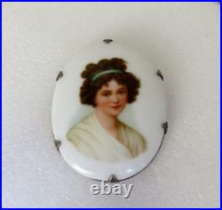 Antique Victorian Hand Painted Porcelain Panel Sterling Silver Frame Brooch