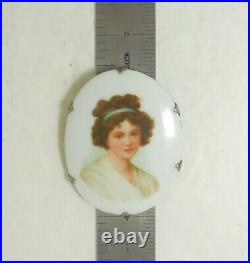 Antique Victorian Hand Painted Porcelain Panel Sterling Silver Frame Brooch